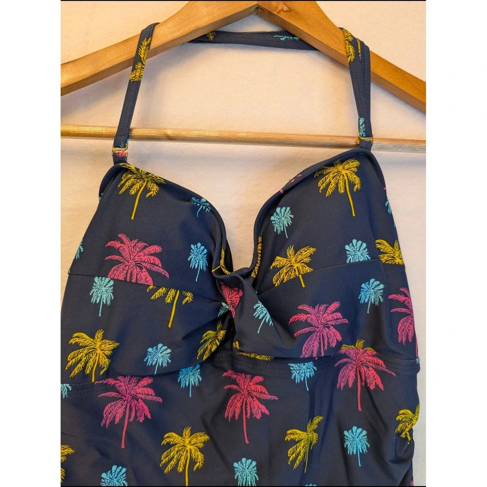 Shore Shapes Navy Blue Neon Palm Tree Ruched Halter Swim Dress One Piece Size 10